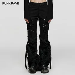 PUNK RAVE Women's Punk Style Twill & Mesh Faux Wool Patchwork Straight Pants Black Women Personalized Trousers Autumn/winter