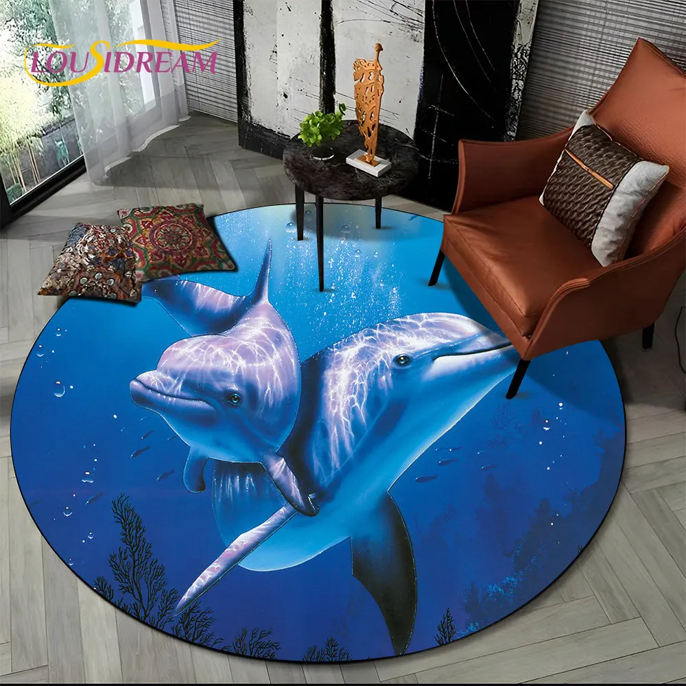 3D Seabed Underwater World Dolphin Turtle Round Area Rug,Carpet for Living Room Bedroom Sofa Playroom Decor,Non-slip Floor Mat