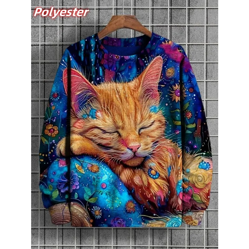 

Толстовка с рисунком кота и суши для мужчин, пуловер с 3D принтом милых животных, осенние свободные толстовки с длинными рукавами и круглым вырезом, толстовки, топы