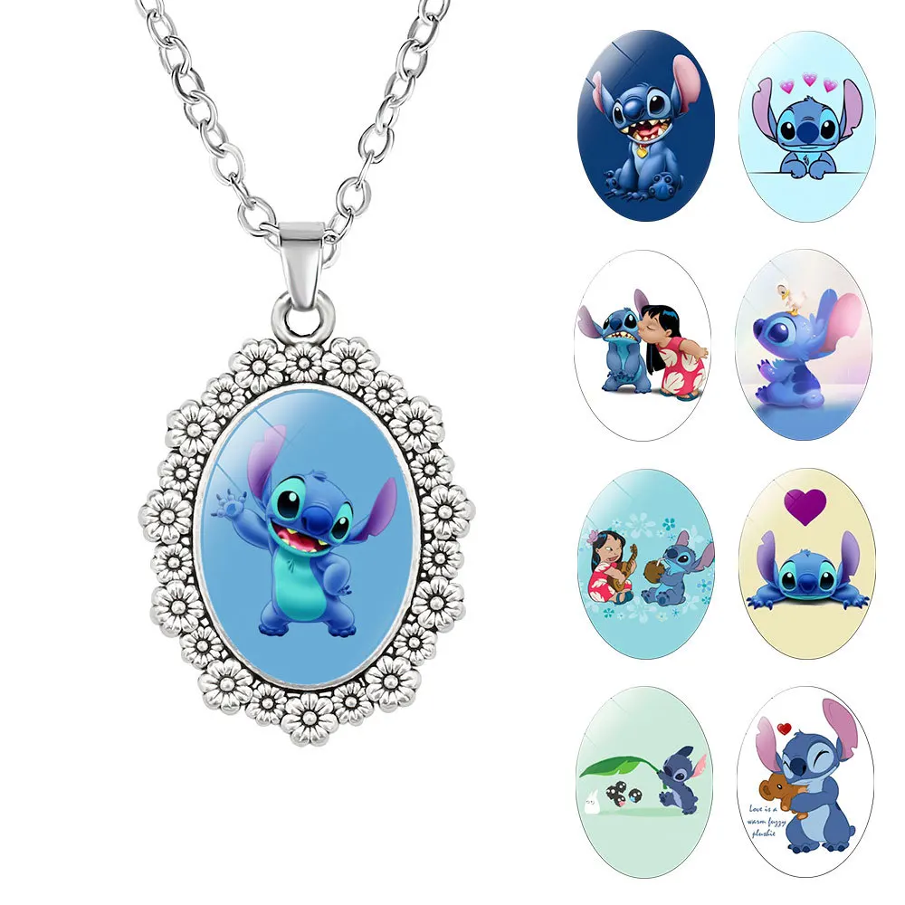 Disney Anime Lilo & Stitch Necklace Flower Sweater Chain Girl Kawaii Cartoon Pendant Gem Jewelry Fashion Temperament Accessories