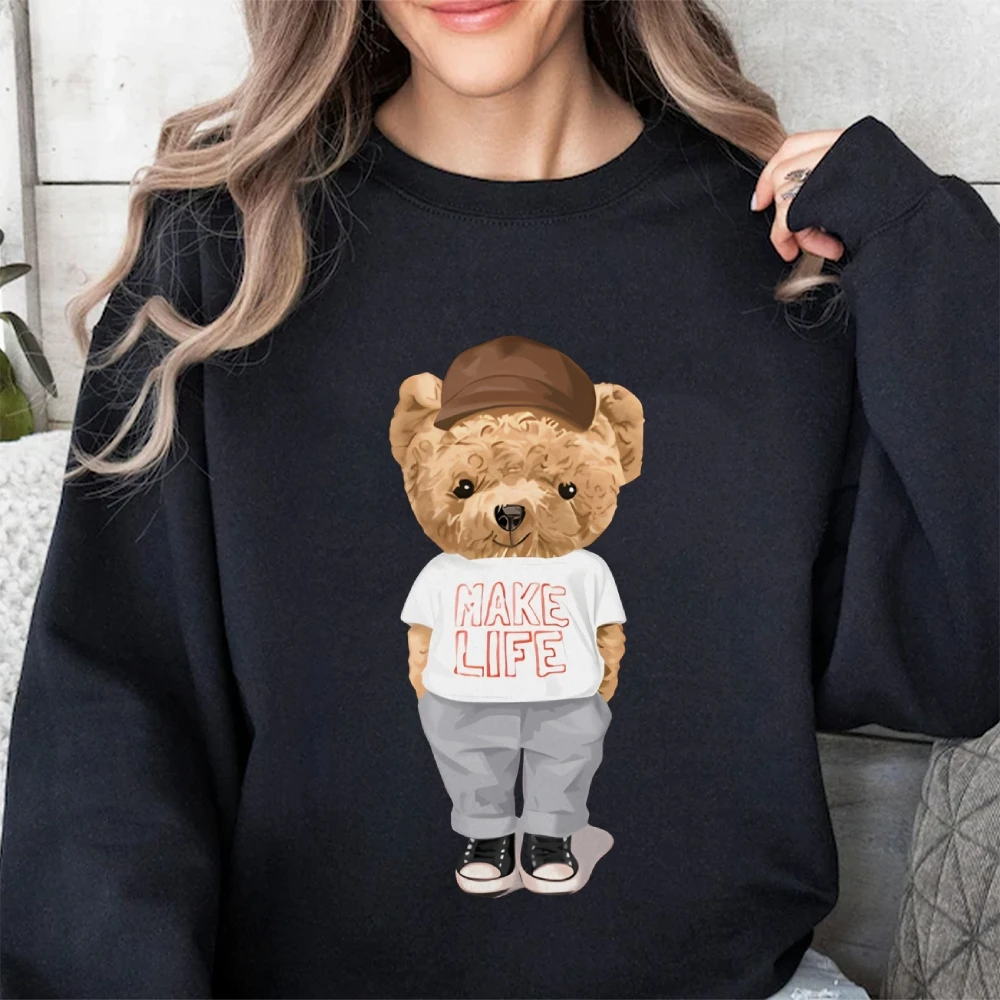 Make Life Cute Bear Women’s Autumn Winter Sweatshirt Funny Cool Long Sleeve Top Women Fun Bear Print O Neck Cotton Lady Tops