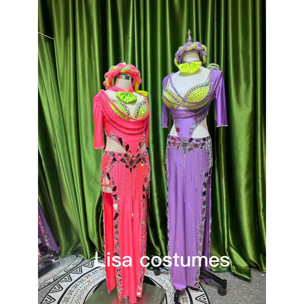 Customized Women Belly Dancewear Diamond Saidi Baladi Shabbi Folk Robe Bra Oriental Dance Group Competition Performance Dresses