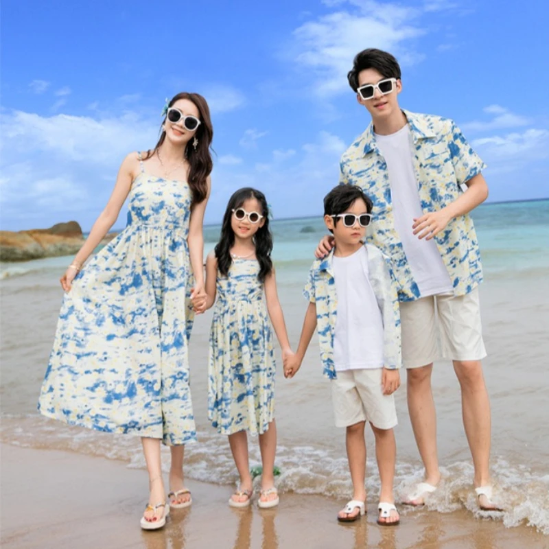 2026 Summer Family Matching Outfits Blue Floral Print Beach Dresses & Shirts Set for Mom Dad Kids Vacation Photoshoot