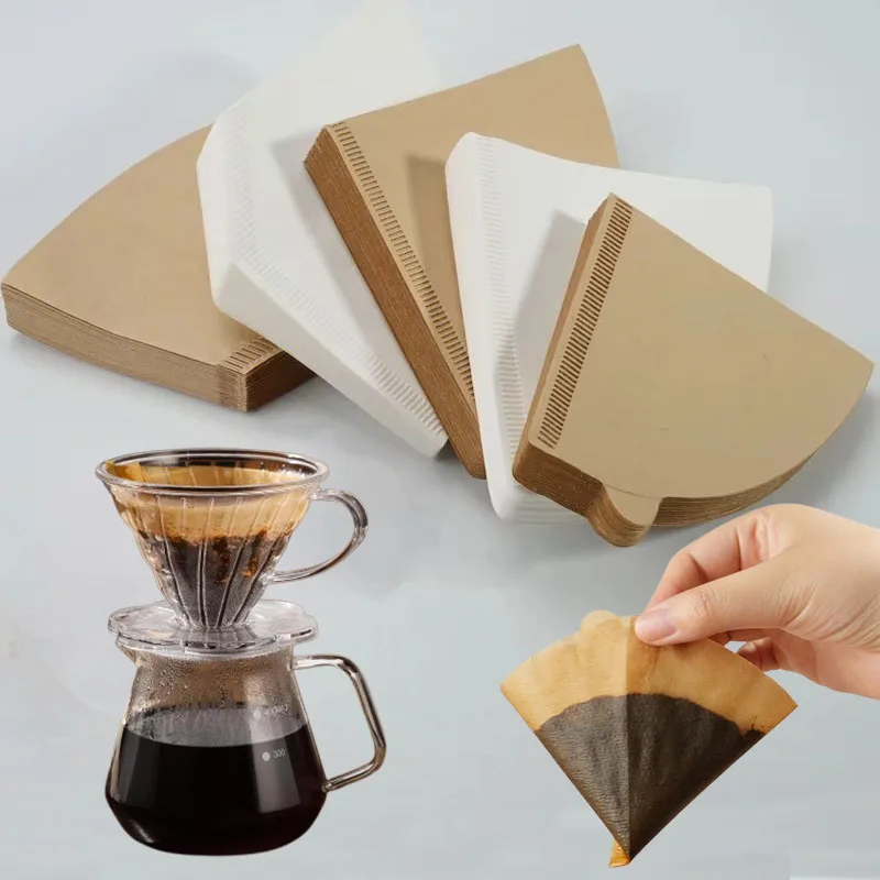 100pcs Coffee Filter Paper Disposable Natural Paper Filters 1-4 Cups V-Shaped Coffee Drip Paper Filters Cafes Home Accessories