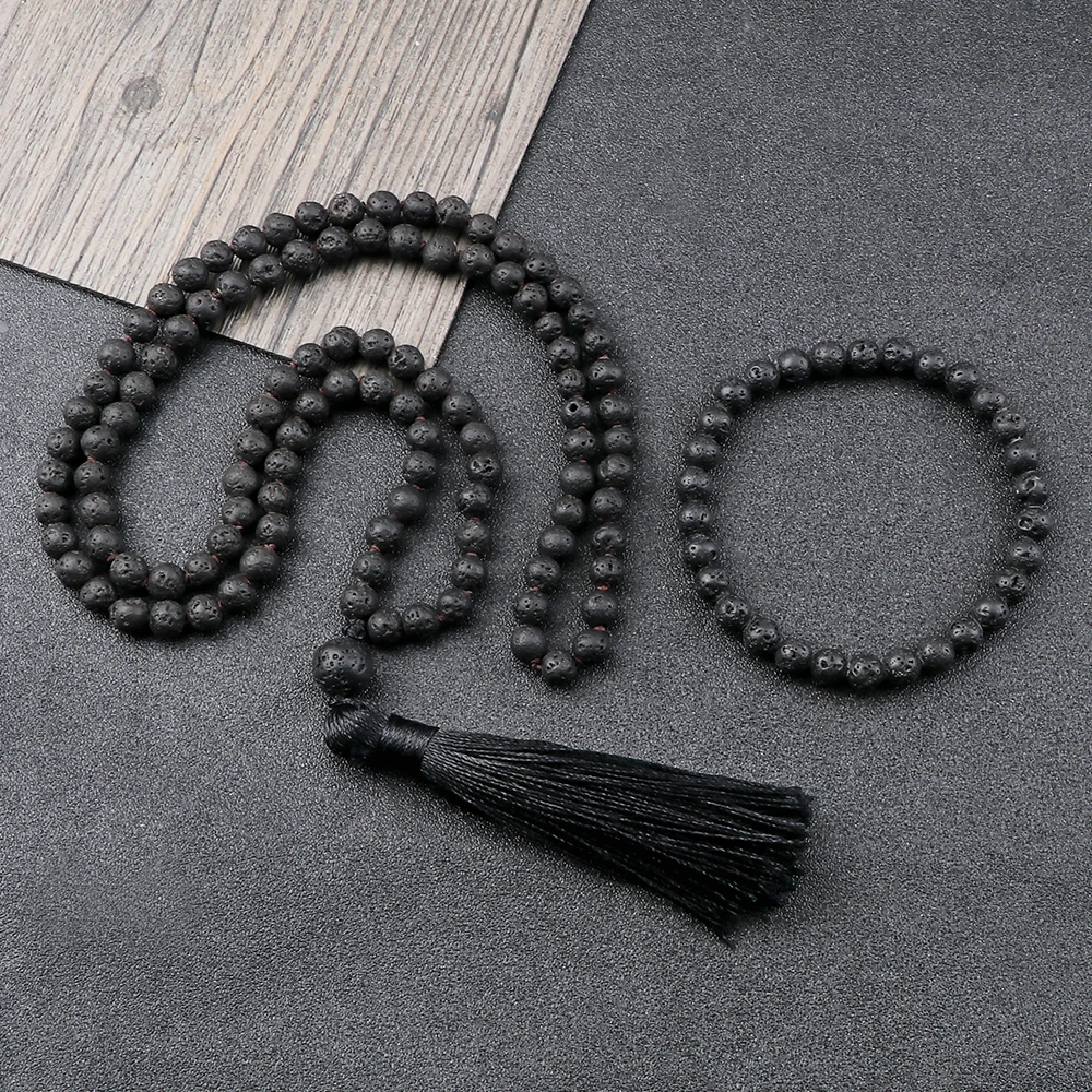 Black Lava 108 Japamala Beaded Necklace 6mm Natural Rock Stone Knotted Necklaces Meditation Yoga Blessing Long Tassel Jewelry