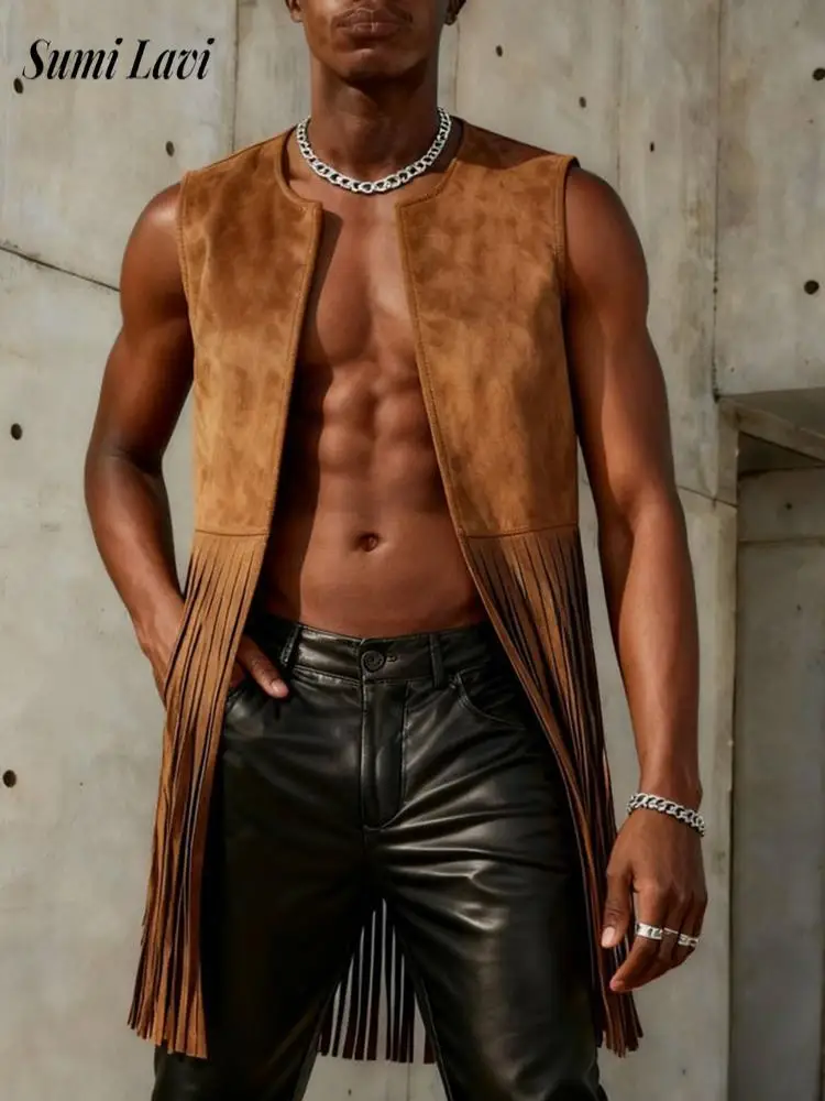 Fashion Men Mid Long Tassel Vest 2026 Summer Suede Texture Solid Color Breathable Loose Fit Daily Casual Mens Stylish Tops Men