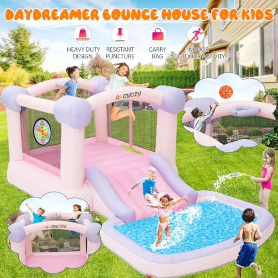 Casa de rebote con piscina de bolas, casa inflable para castillo de salto todo en uno, piscina de tobogán ancho, soplador de aro de baloncesto incluido