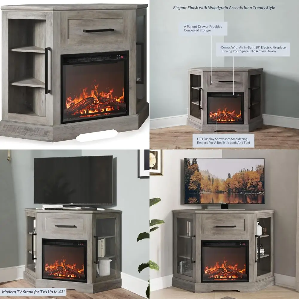 

Modern Corner TV Stand with Electric Fireplace, Fits TVs up to 43, Glass Entertainment Center
