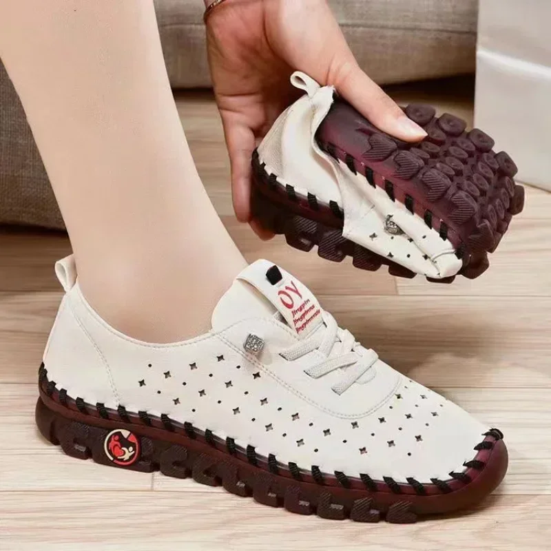 

Women Spring Vintage Breathable Shoes Platform Loafers Lace Up Leather Hollow Slip-On New Fashion Casual Mom Shoe Zapatos Mujer