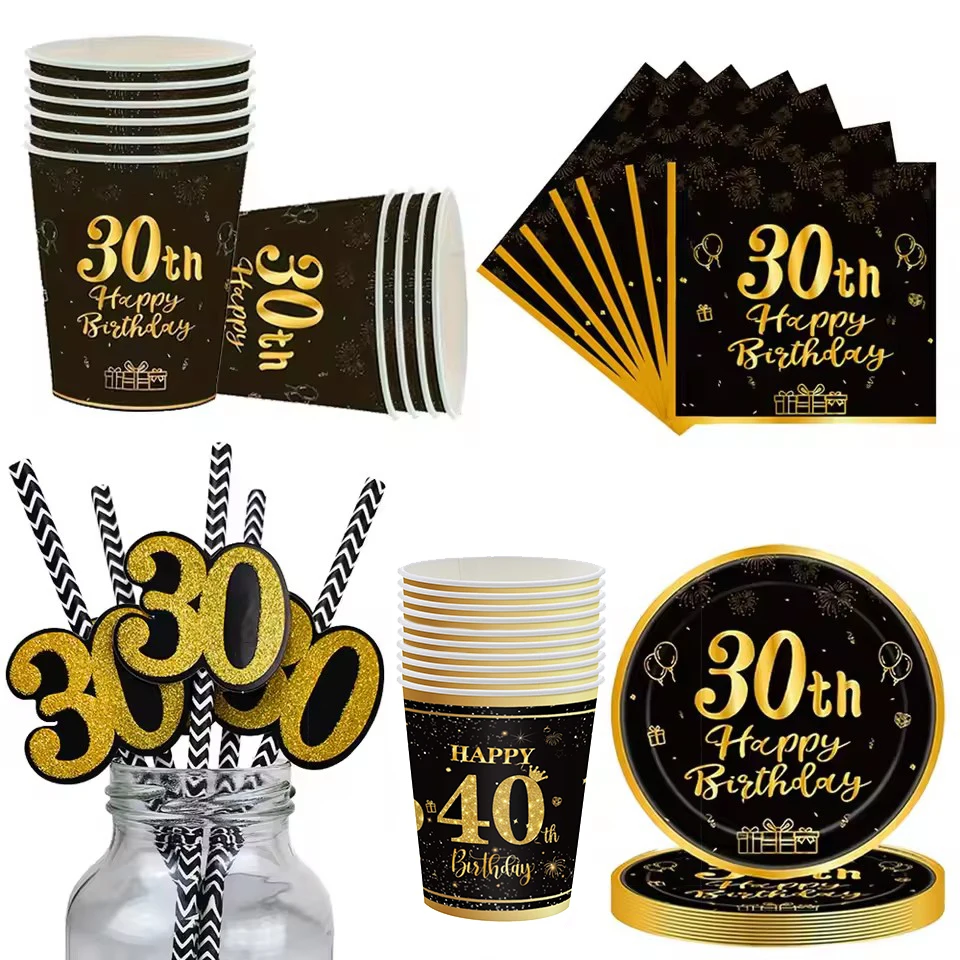30. Geburtstag Thema Party Geschirr Schwarz Gold Party Tasse Pappteller Serviette Strohhalme Männer Frauen 30. Geburtstag Party Decor Liefert