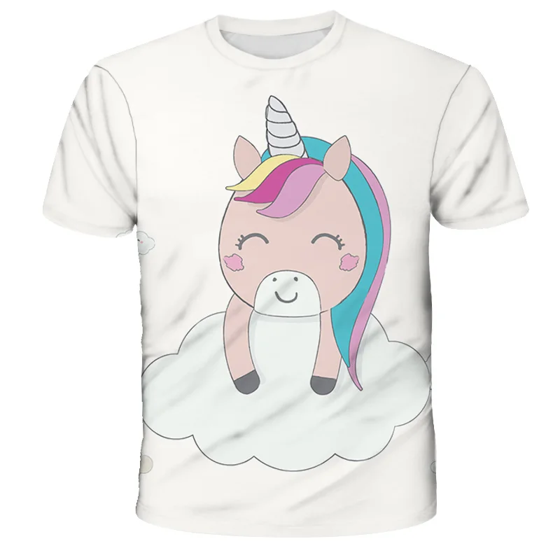 T-shirt de manga curta com estampa unicórnio para menino e menina, t-shirt casual com estampa 3d, para crianças dos 1 aos 14 anos