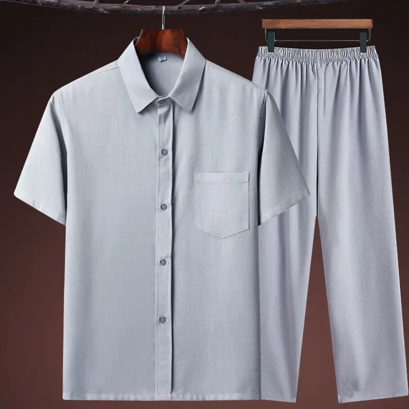 Roupas masculinas tamanho grande agasalho marido 2023 verão terno camisa de linho moda masculina conjunto estilo chinês duas peças