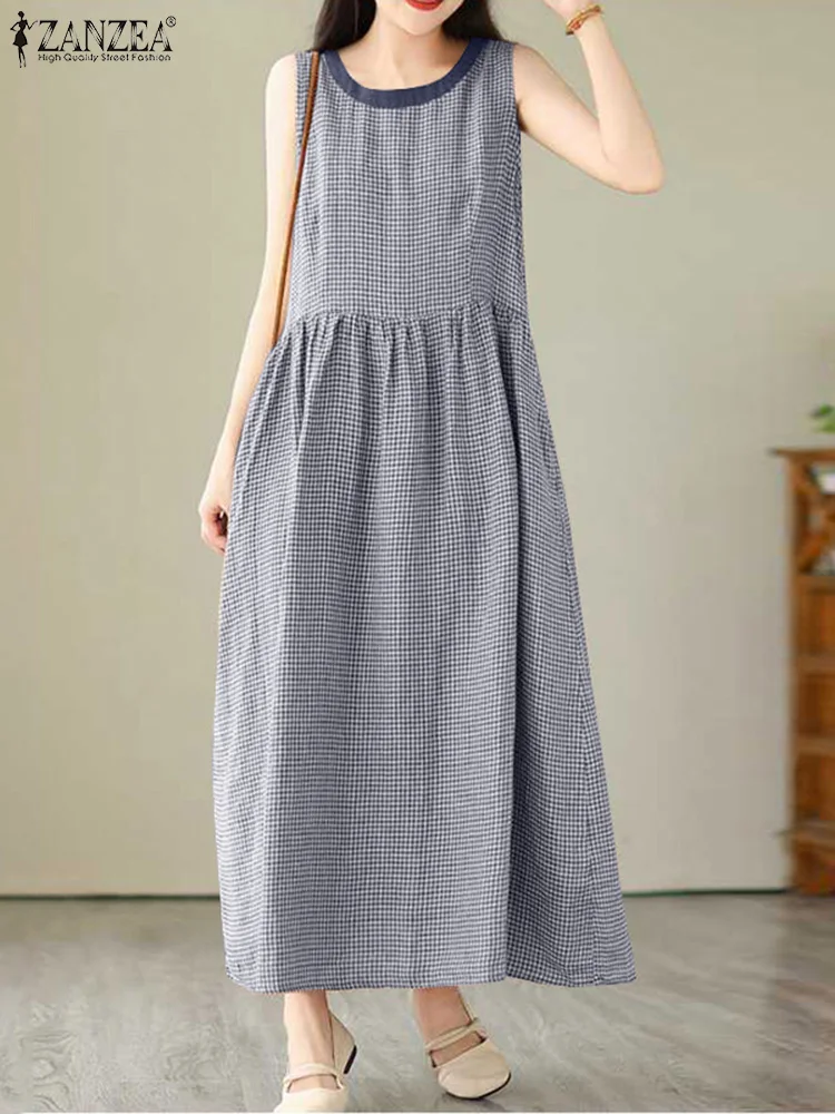 ZANZEA Vintage Sleeveless Gingham Long Dress Women Elegant Color Block O Neck Checked Maxi Vestidos Casual Loose Tank Robes