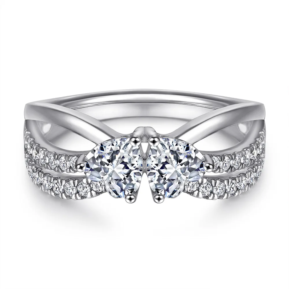 

S925 sterling silver plated 18K gold PT950 platinum double love heart-shaped gemstone ring double heart set gemstone ring