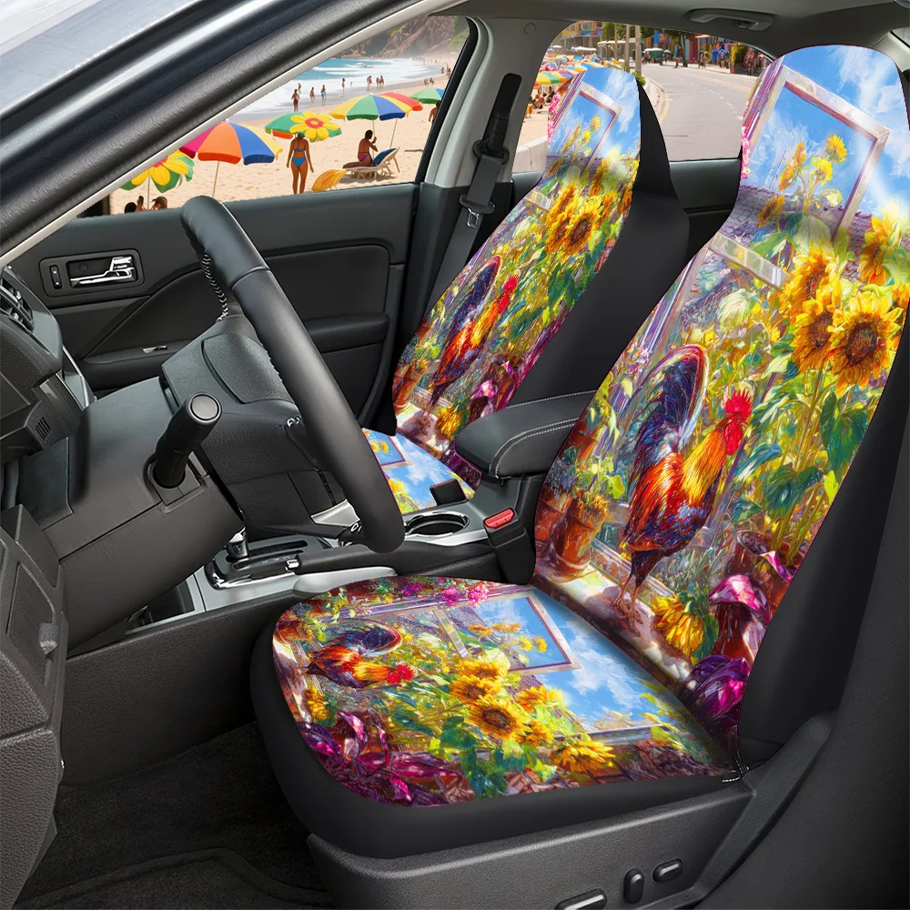 2-5 Seat Set Car Seat Covers Premium Fit Rooster Sunflower Print Breathable For Truck SUV Off-road Car Festive Halloween Christ