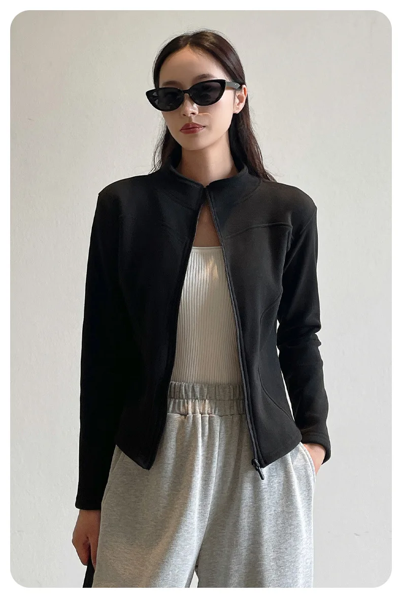 Women's Slim Fit Fleece Lined Short Sweatshirt Jacket Autumn Winter Thick Warm Zipper Jackets Woman Solid Stand Collar Yoga Wear