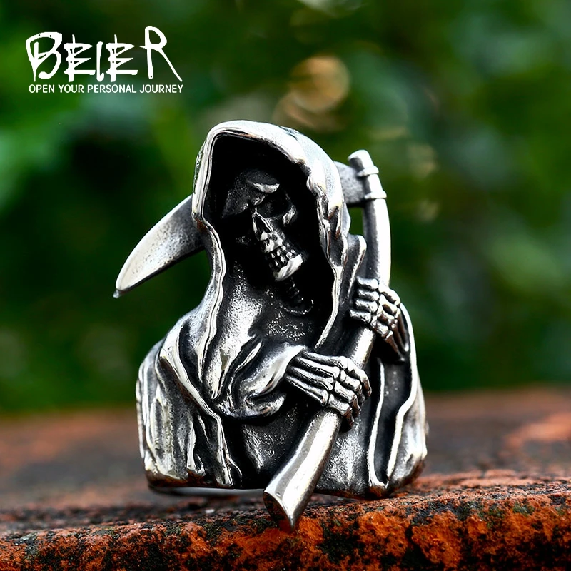 BEIER 2022 New Fashion Stainless Steel The Grim Reaper Ring  Skull Ring For Men Punk Hip Hop Gothic Jewelry Wholesale