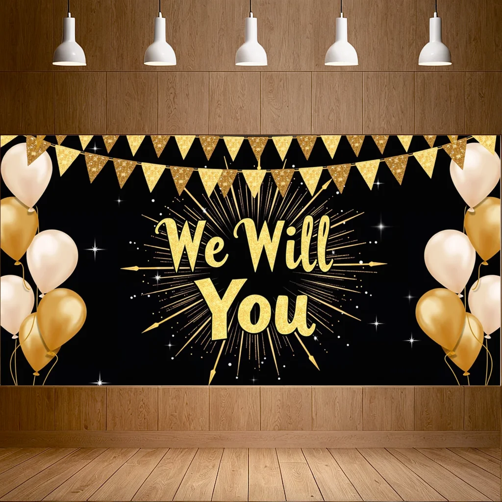 Farewell Theme We Will Miss You Party Banner Gold Balloon Glitter Stars Goodbye Decorations Backdrop Going Away Event Background