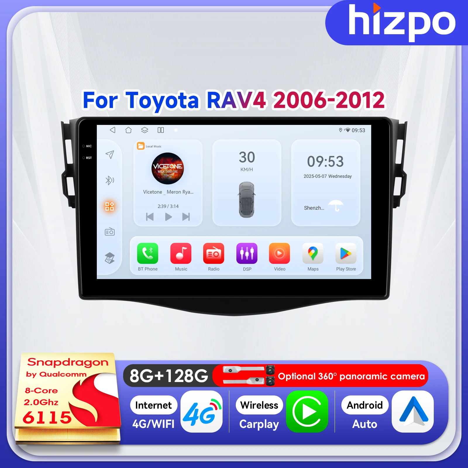 

Автомобильный мультимедийный плеер Hizpo 9" с беспроводным CarPlay для Toyota RAV4 2006-2012, на базе Qualcomm Snapdragon 6115 4G