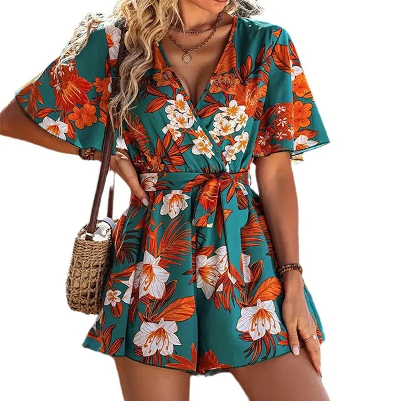 

Vacation Wind Lotus Leaf Sleeves Cross Collar Waistband Short Skirt Pants Women's Loose Printed jumpsuit Women's High Quality
