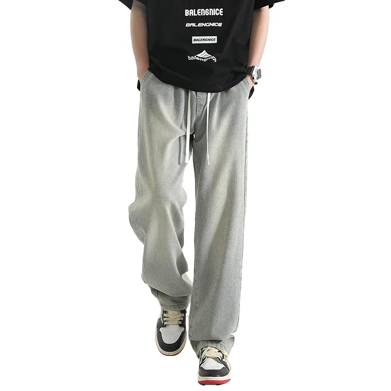 Jeans Kaki Lebar Longgar Modis Pria 2025, Jeans Longgar Retro Jalanan Lurus Kasual, Jeans Nyaman Kasual, Elasti