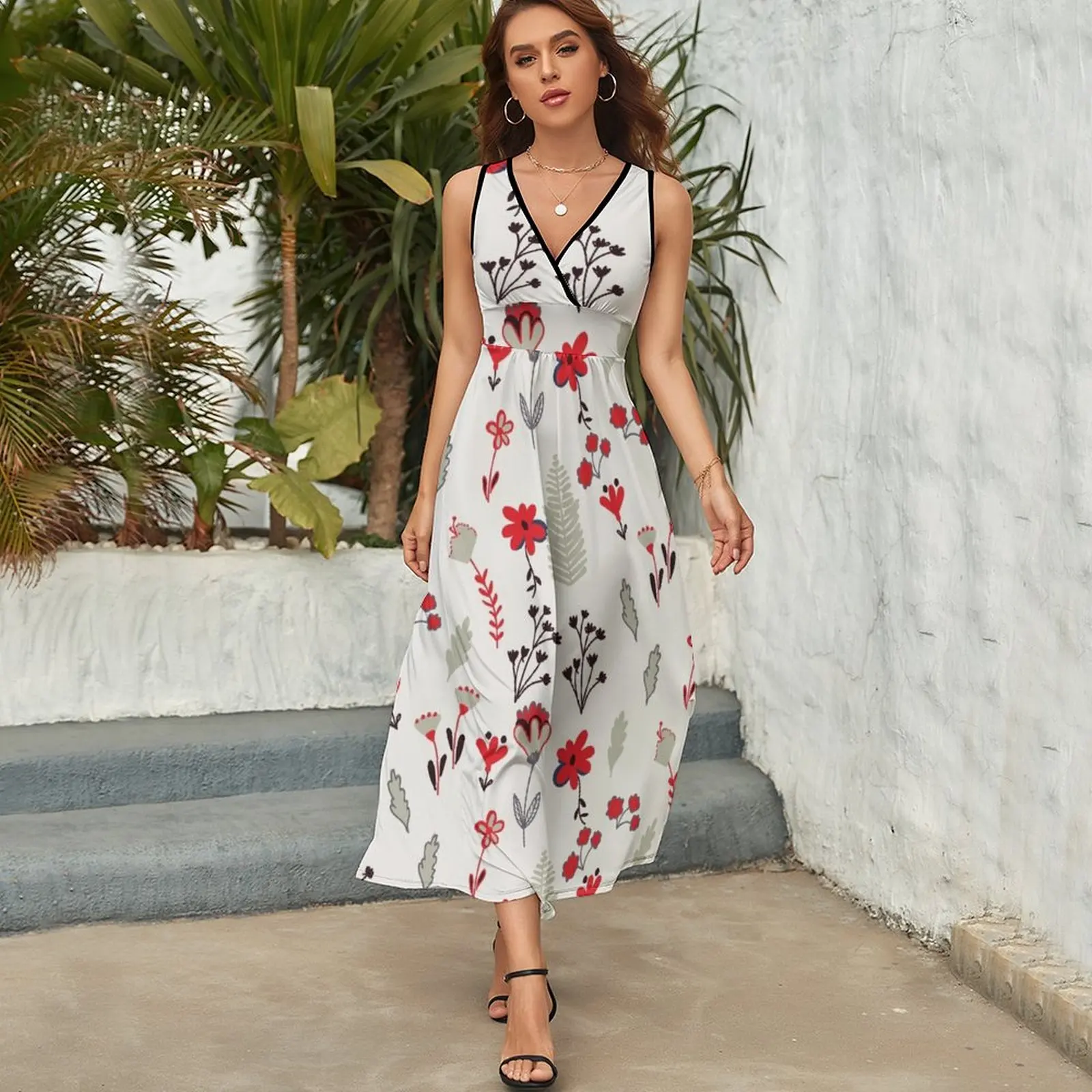 Red Vintage Floral Pattern Sleeveless Dress Women's summer suit Woman fashion dress for women 2024