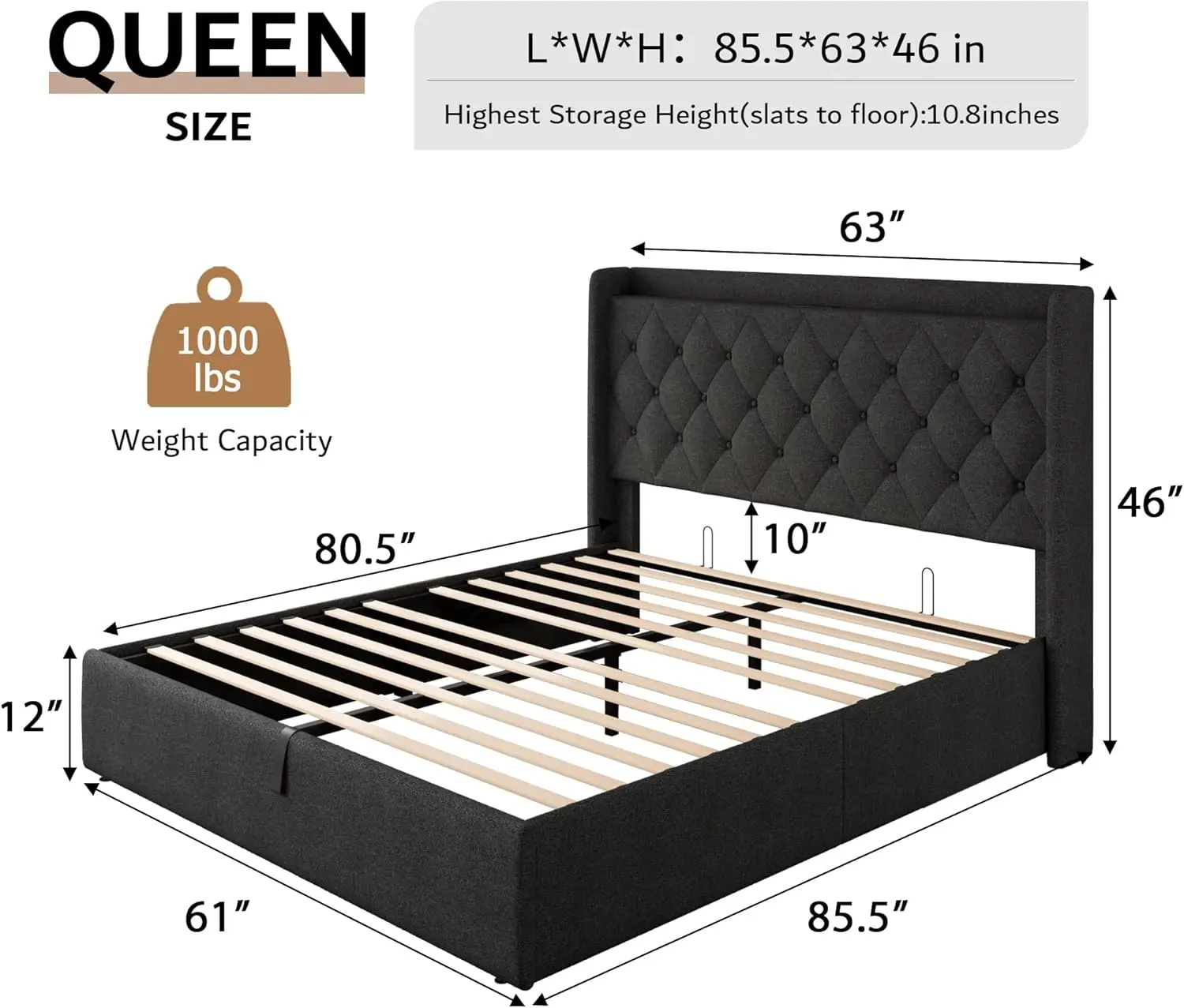 Queen Size Lift Up Storage Bed Frame with Charging Station, Upholstered Platform Bed Frame with Tufted Headboard