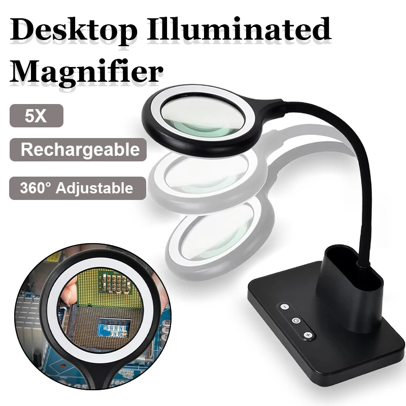 5X LED Rechargeable Desktop Illuminated Magnifier 360° Adjustable High Vision Magnifier Lamp for Repair/Reading/Nail Beauty