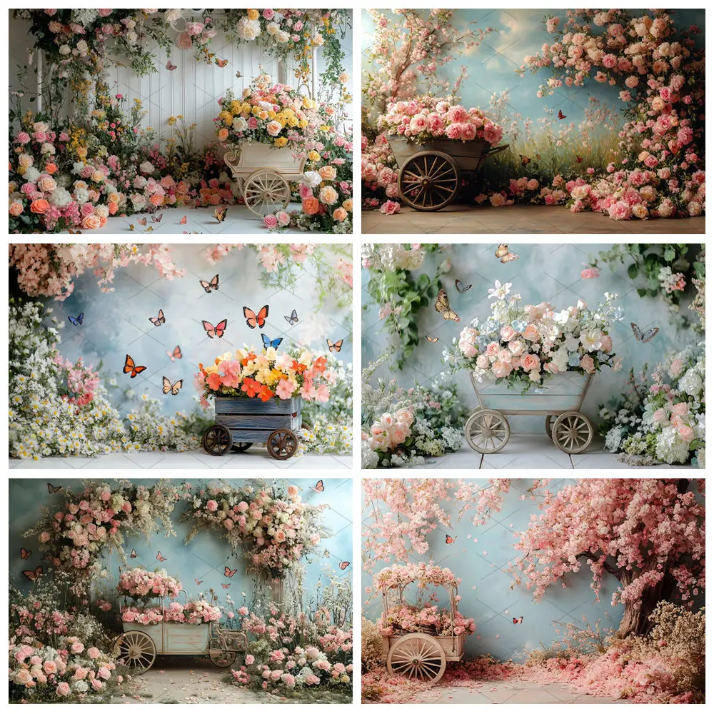 

Spring Photography Background Colorful Floral Wooden Car Decoration Newborn Kids Birthday Party Cake Smash Backdrop Studio Props