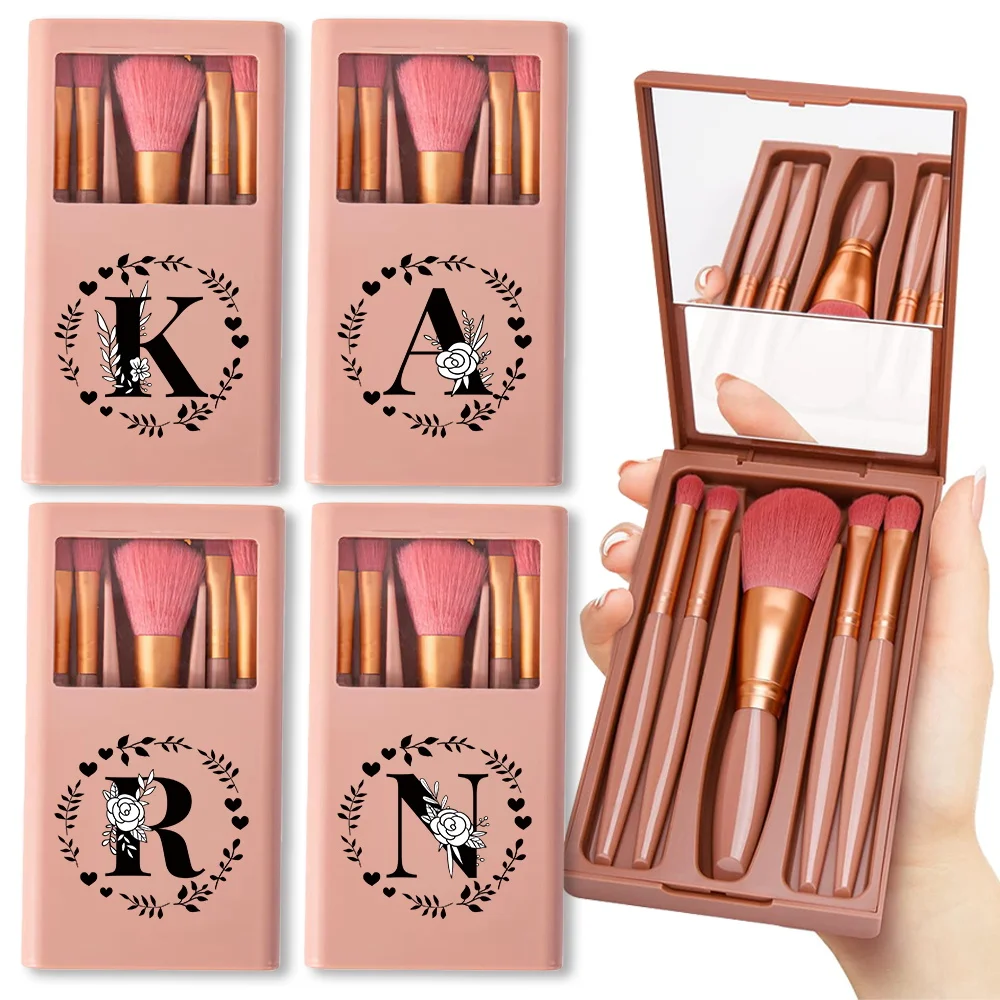 5 Pcs Makeup Brushes Kit With Mirror Storage Case Cosmetic Eye Shadow Smudge Brush Durable Organizer Box Garland Letter Pattern