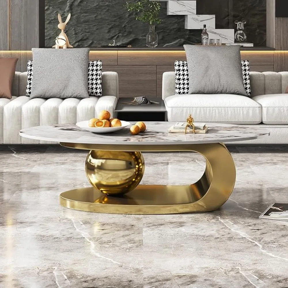 Mesa de centro moderna de piedra ovalada con base de metal dorado abstracto, centro de mesa perfecto para salas de estar con estilo, mesas de café doradas