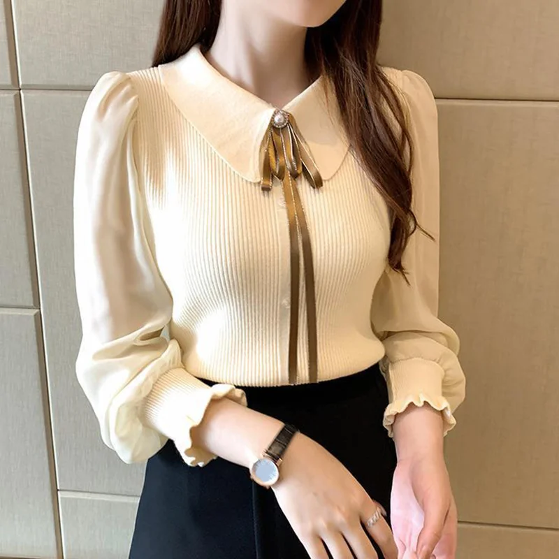 ITOOLIN Autumn Women Chiffon Patchwork Sweater Lantern Sleeve Turn-down Collar Button Pullover Women Office Lady Sweater Winter