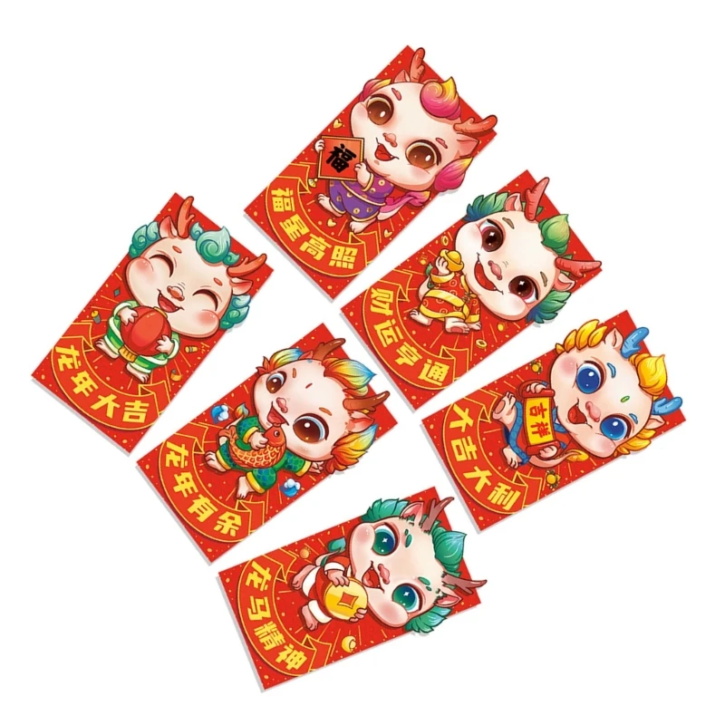 Sobres estilo chino Re, paquetes Año Nuevo 2024, bolsa dinero Hongbao, 6 uds.