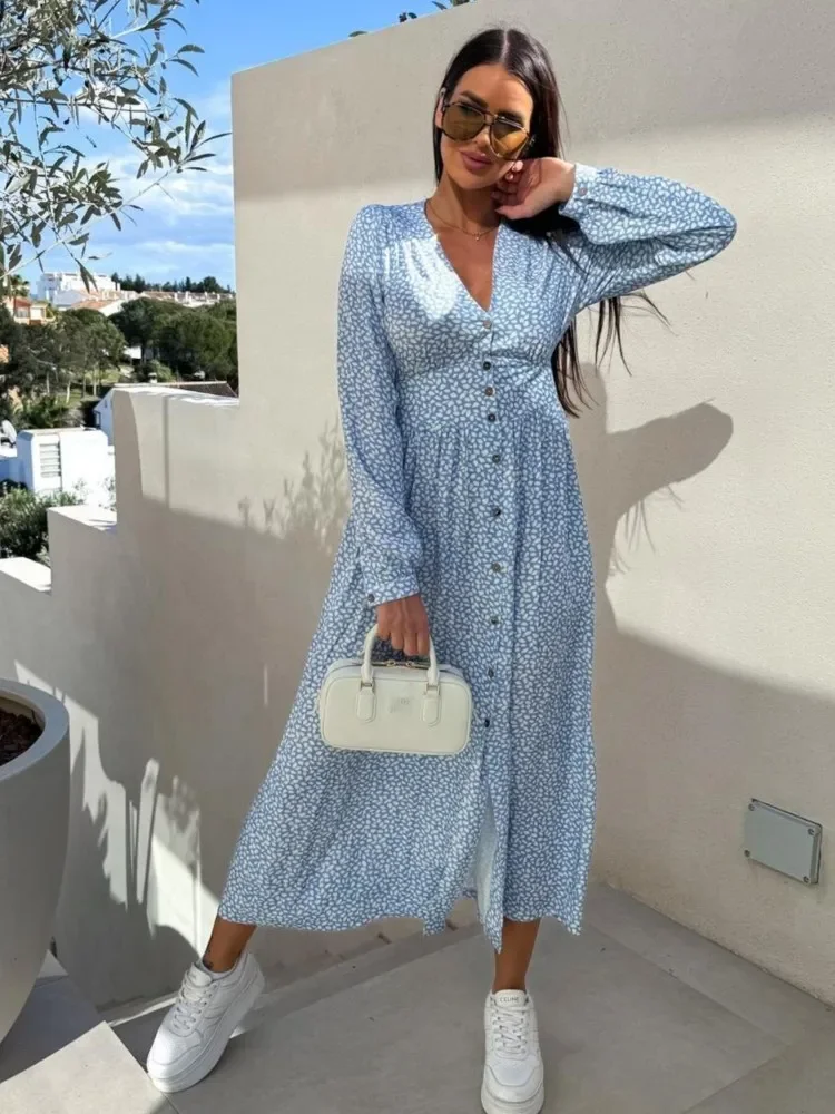 الحلو Preppy نمط الأزهار طباعة فستان طويل المرأة موضة الخامس الرقبة زر كم طويل قميص فستان الربيع فساتين الحفلات غير رسمية