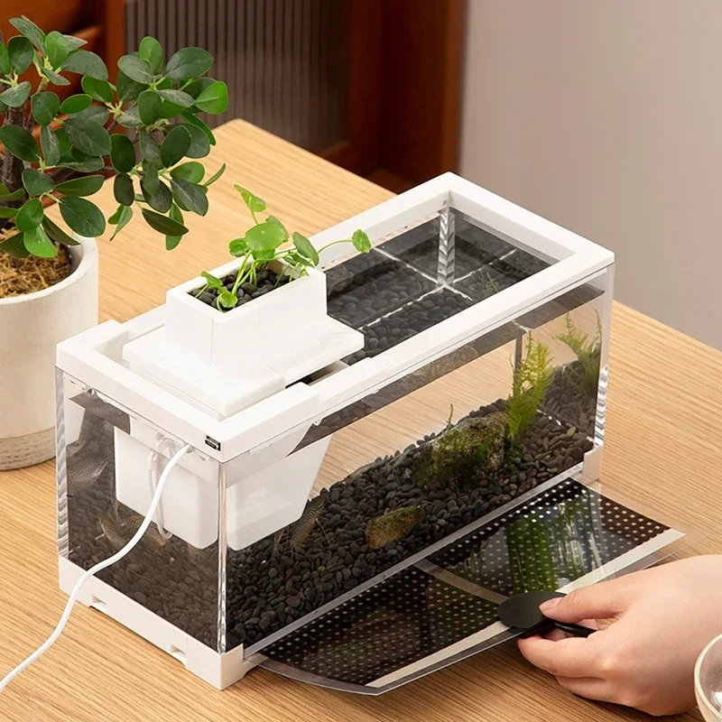 Micro Landscape Fish Tank Small Creative Filter Silent Water Flow Desktop Aquarium White Fish Tank with Water Pump Heating Pad