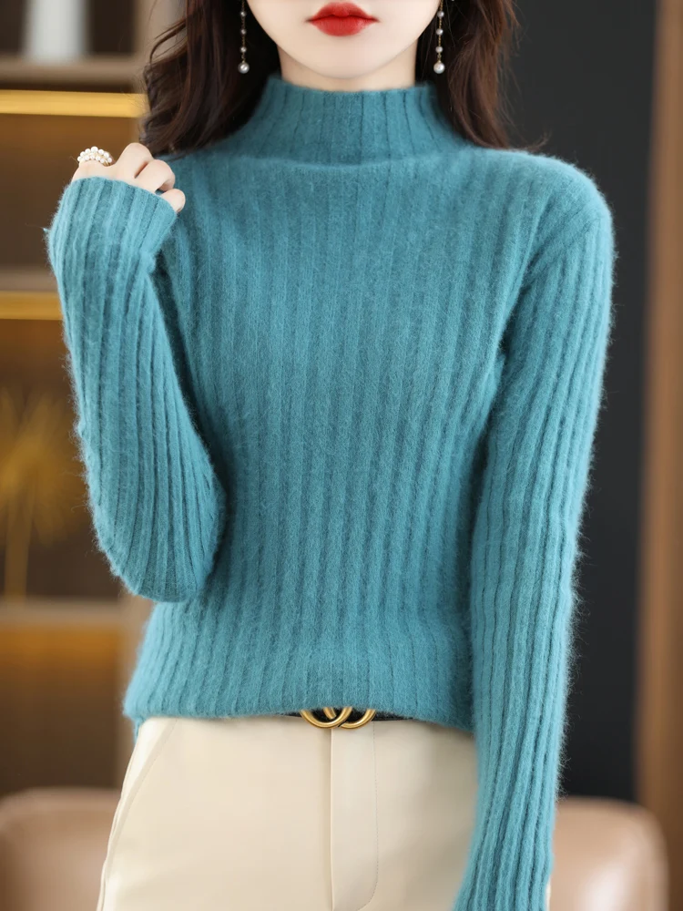 100% Mink Cashmere Sweater Women\'s Half Turtleneck Sprout Knitted Pullover Elastic Slim-fit Sweater Stylish Warm Tops New Autumn