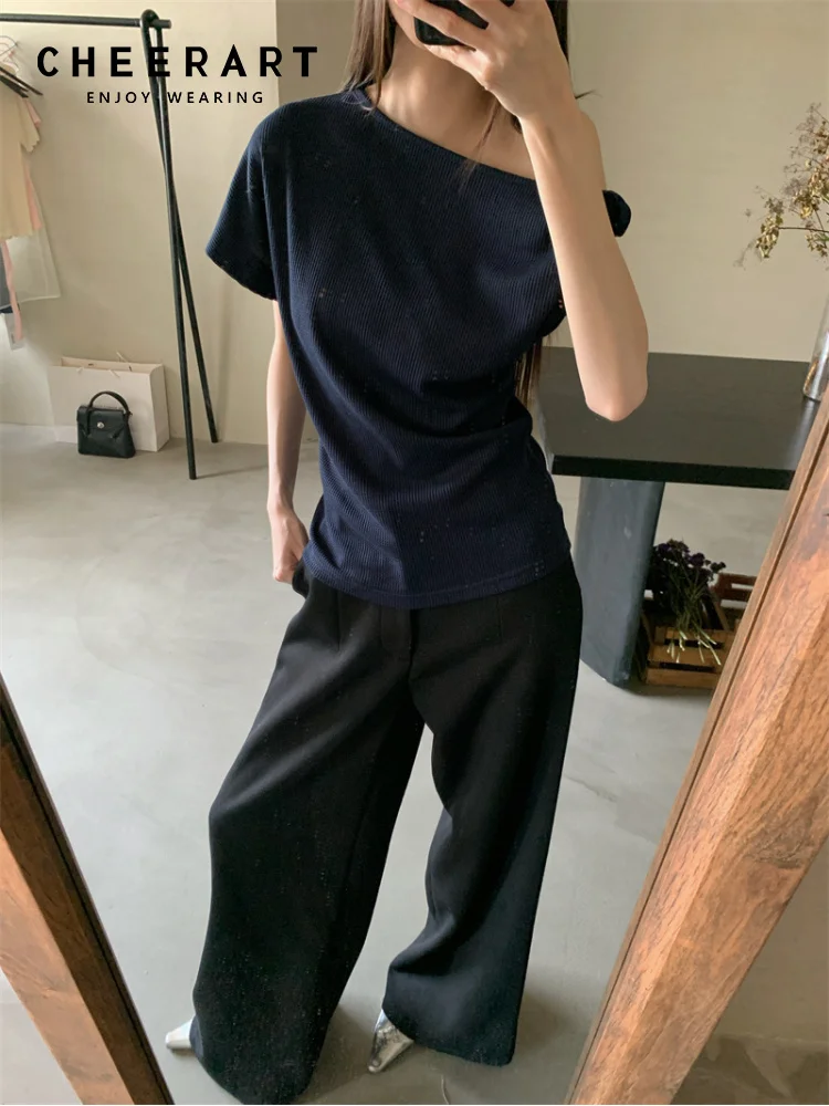CHEERART Royal Blue Off Shoulder Summer Tops For Woman Short Sleeve T Shirt Designer Tees Asymmetrical Top 2025 Clothing
