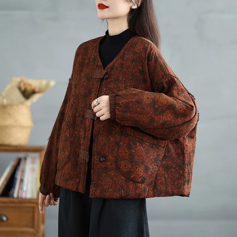 Thick Warm Casual Jackets Women New 2024 Autumn Winter Vintage Style V-neck Floral Print Loose Female Quilted Coats B2068