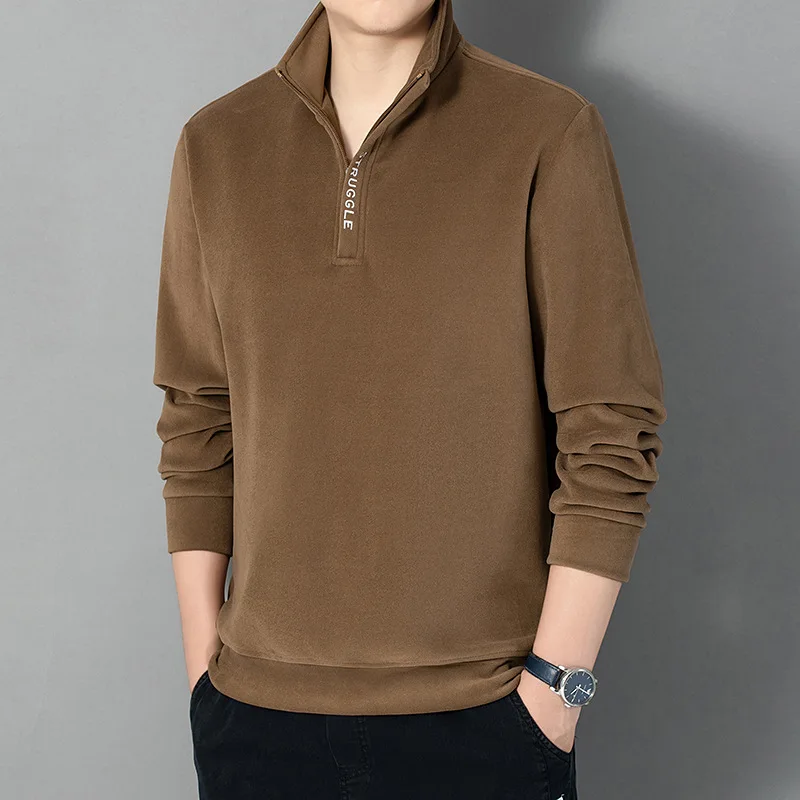 Fall Winter Heavyweight Fleece Men's Sweatshirt Zipper Stand Collar Casual Versatile Solid Color Thicken Simple Long Sleeve Tops