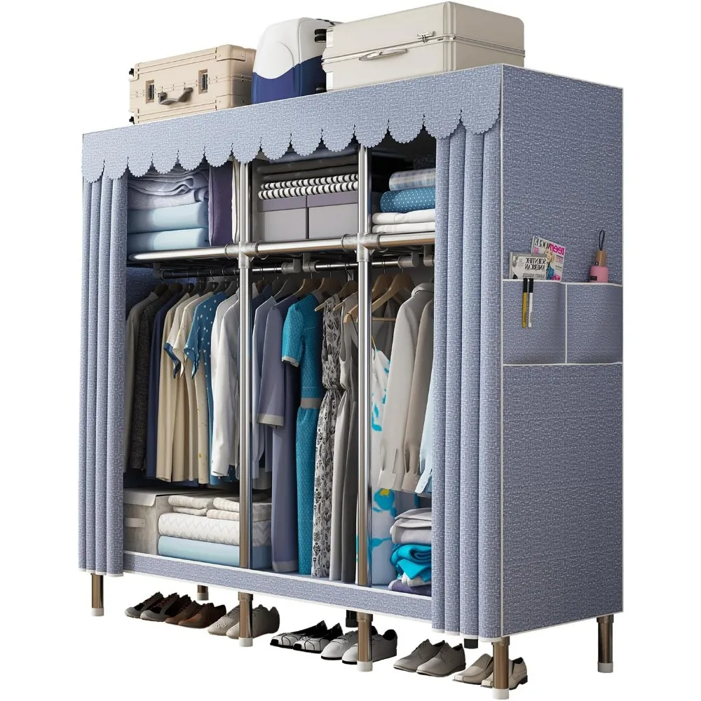 

59Inch Portable Wardrobe Closet Storage Organizer for Bedroom, 23MM Thick Steel Hanging Rack with Polyester/Cotton Fabric Cover