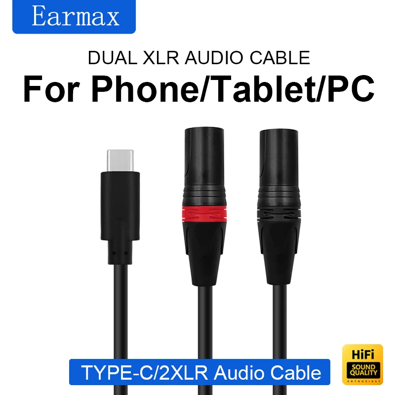 TYPE-C USB-C to Dual XLR Blue Black Nylon Cable is For Audio Speakers Amplifiers Digital Decoding DAC and Laptops IPads Phones