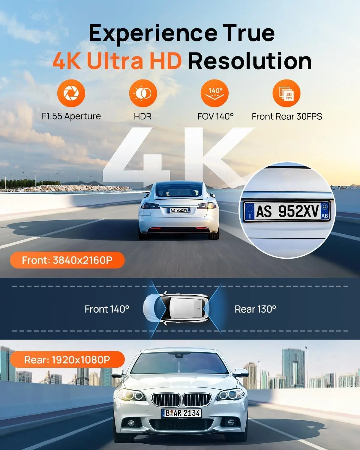 Front Rear 4K Dash Cam Built Wifi 6 GPS Car Camera Super Night Vision ADAS 3 IPS Screen 24H Parking Mode Time Lapse Loop Recordi