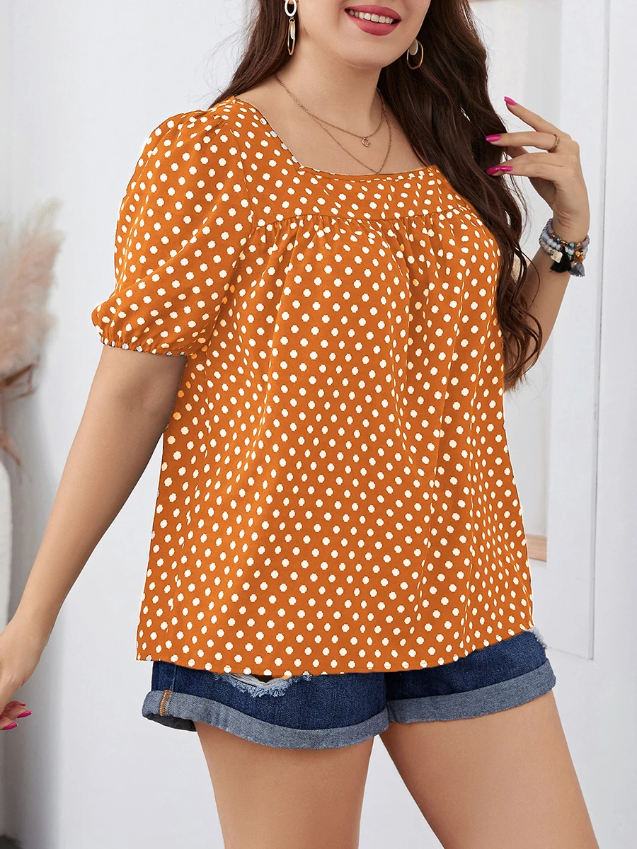 

Женская летняя футболка больших размеров с квадратным вырезом и принтом в горошек, повседневный топ с короткими рукавами для уличной модницы
