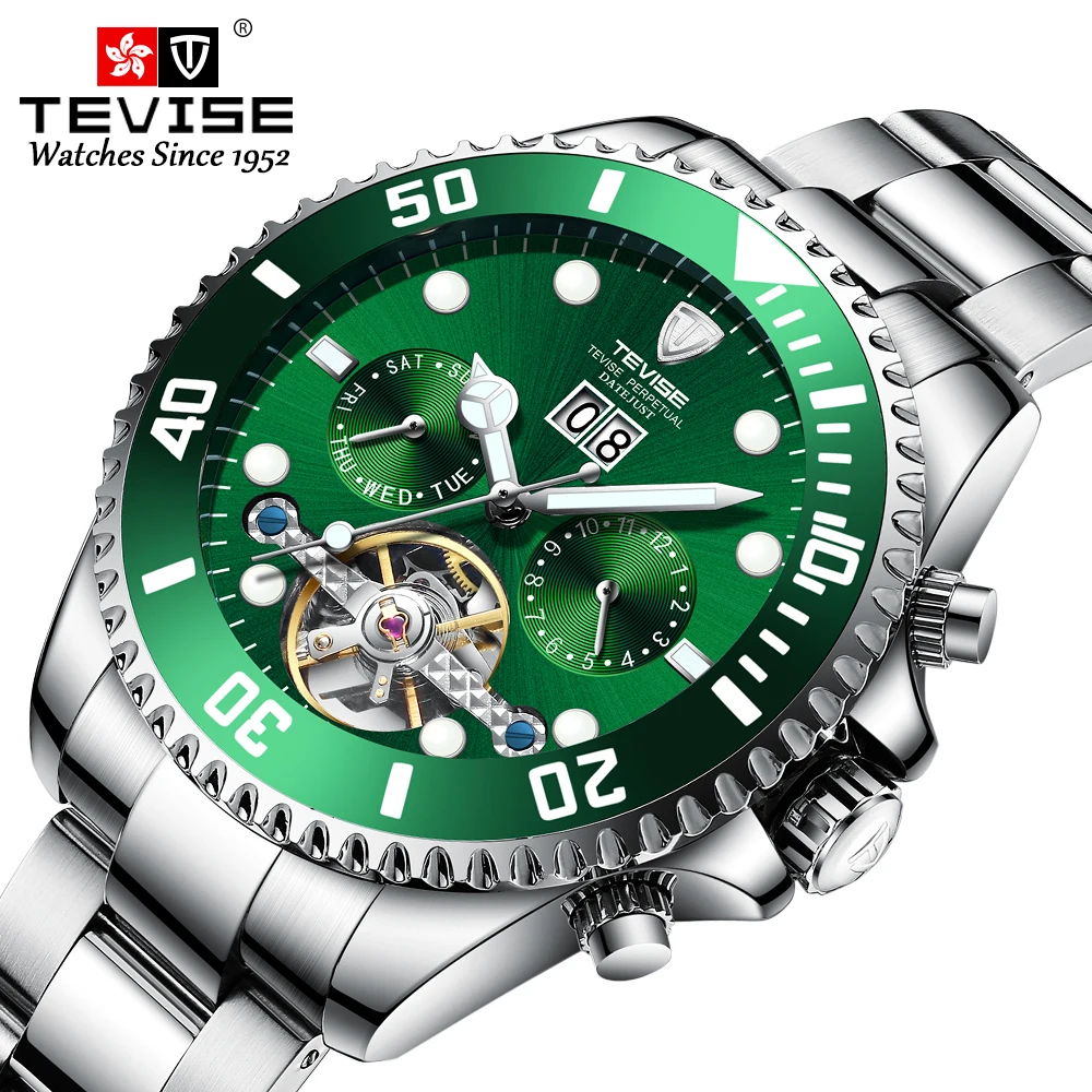 TEVISE Men\'s Watch Green Water Ghost Calendar Mechanical Watch High end Simple Cross border Waterproof Watch T823F