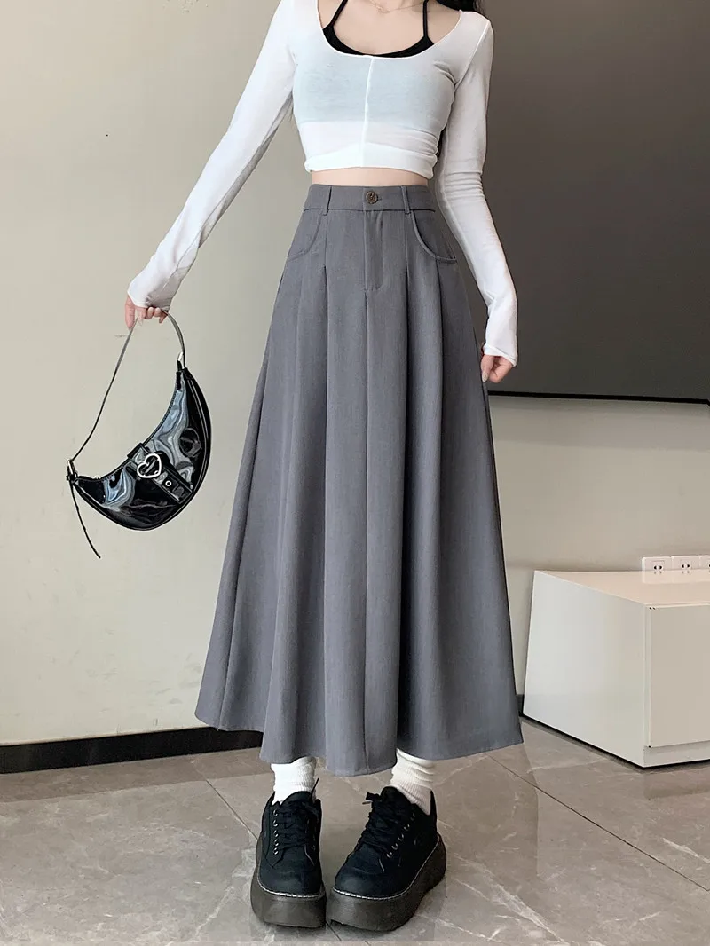 Seoulish Primavera Nuove Donne Gonne A Pieghe 2025 Vintage di Colore Solido A Vita Alta Casual di Media Lunghezza delle Donne A-line Gonne Femminili