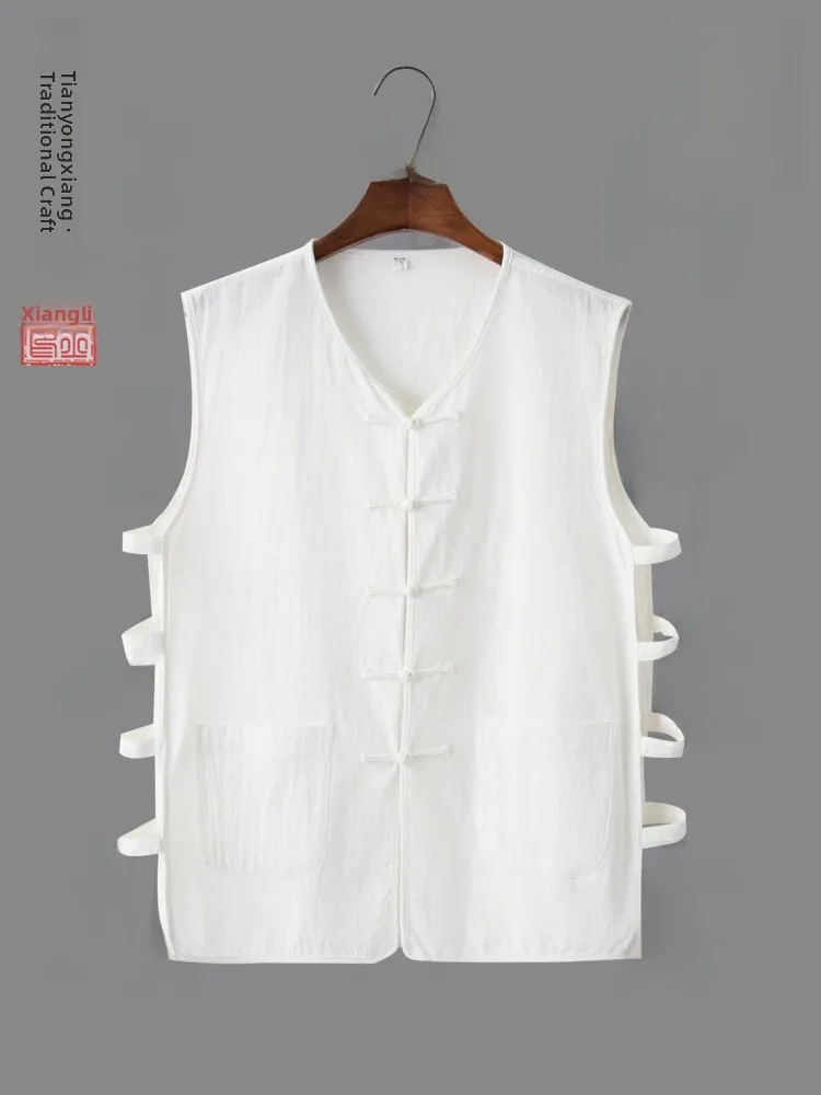

Lightweight Cotton Linen Chinese Style Vest Shoulder Pad Traditional Chinese Button Design Breathable Summer Top for Middle-A...