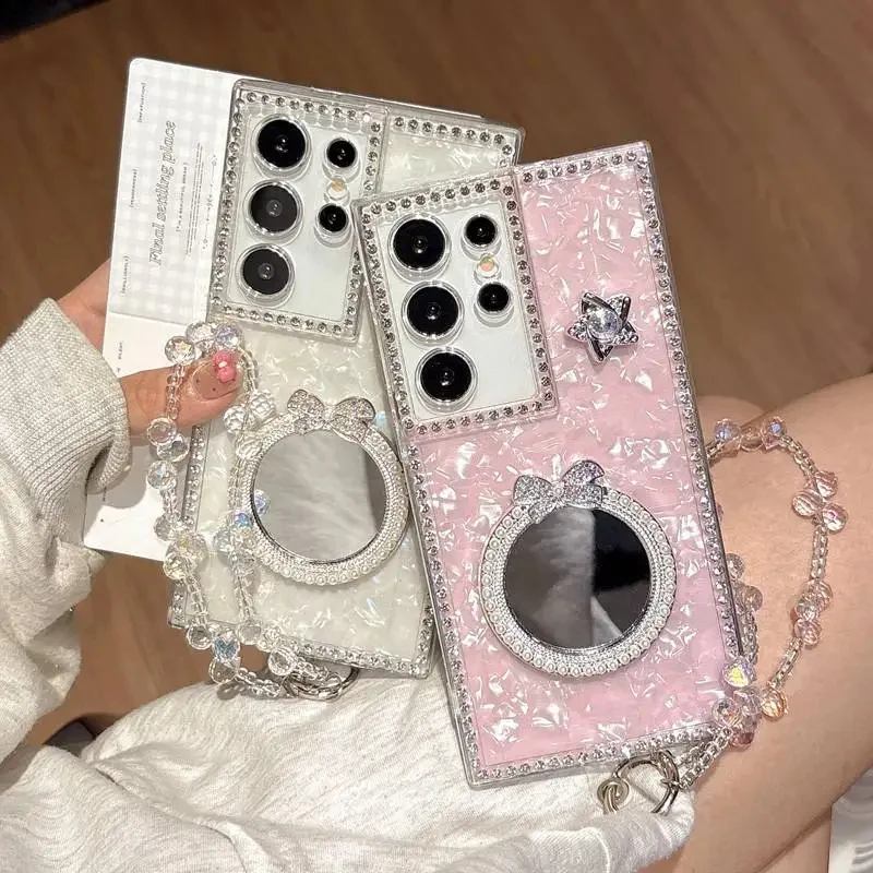 Sweet Pearl Mirror Phone Case For Samsung Galaxy S25 26 Ultra S24 S23 Plus A36 A56 Crystal TPU Short Pendant Chain Pearl Cover