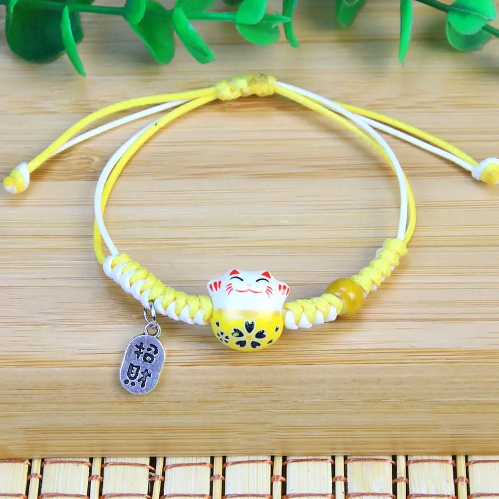 Ceramic Cat Pendant Maneki Neko Bracelet Hand Rope Handmade Red Braided Rope Wax Thread Jewelry Accessories Women Hand Ring