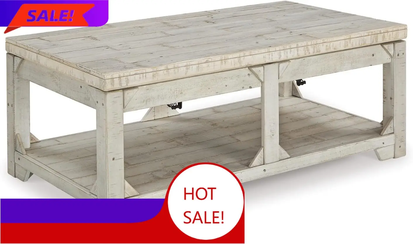

BestsellerBestsellerFregine Farmhouse Rectangular Lift Top Coffee Table with Floor Shelf, Whitewash with Weathered Finish