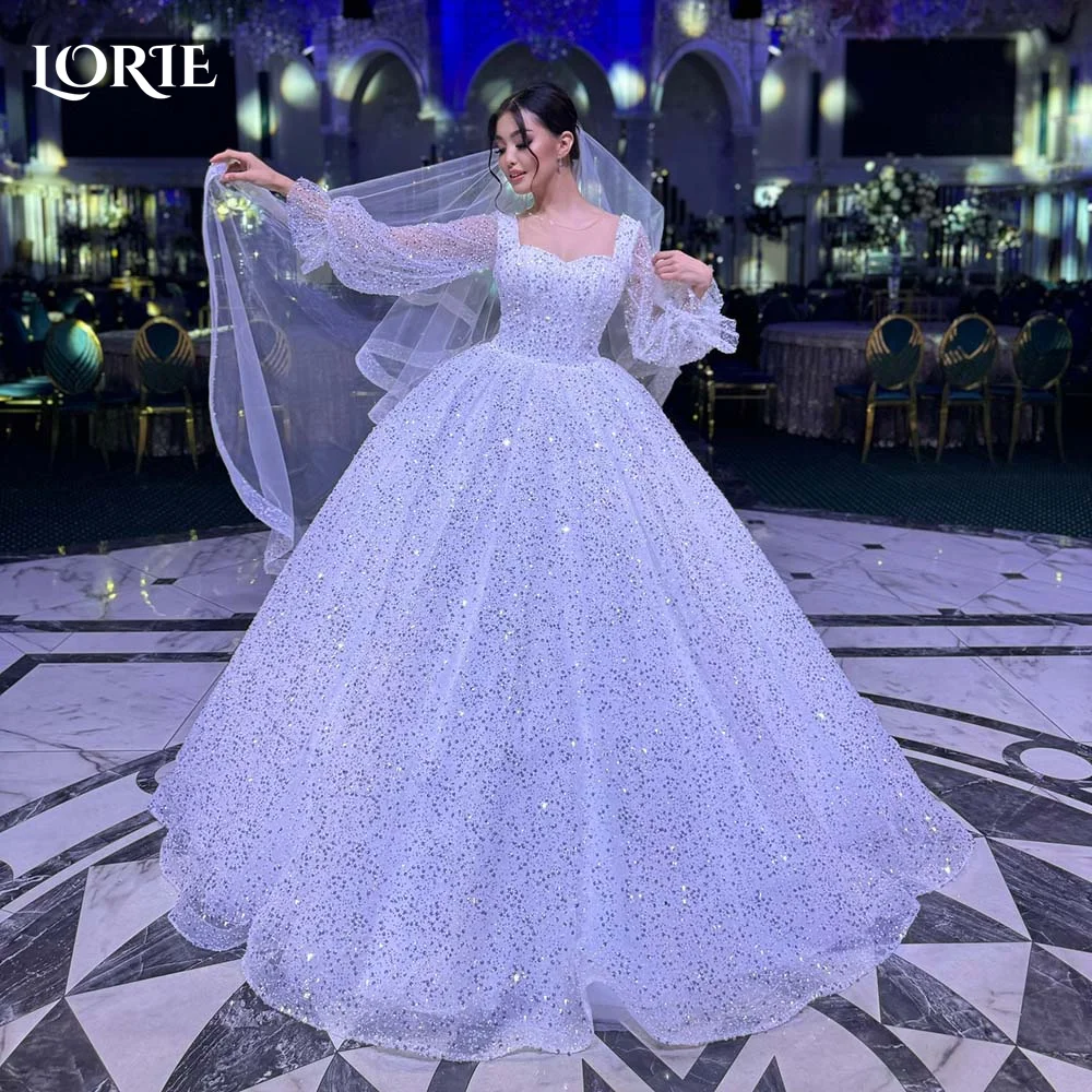 

LORIE Sparkly Puff Sleeve Wedding Dresses Shiny A-Line Sweetheart Bridal Dress Customized Elegant Priccess Ball White Bride Gown